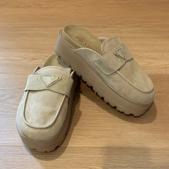 Prada Tan Suede Platform Mules/Clogs - Picture 1 of 8
